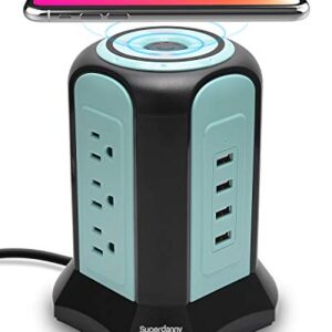 Power Strip Tower Wireless Charger, SUPERDANNY Surge Protector Tower, 10A 1080J Charger Station with 9 Outlets & 4 USB Ports, Extension Cord 10ft for Laptop Phone Black and Blue