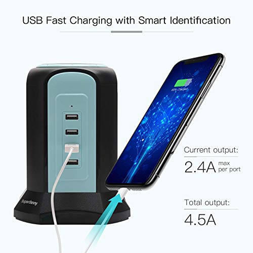 Power Strip Tower Wireless Charger, SUPERDANNY Surge Protector Tower, 10A 1080J Charger Station with 9 Outlets & 4 USB Ports, Extension Cord 10ft for Laptop Phone Black and Blue