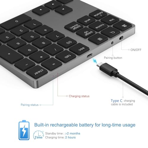 Bluetooth Number Pad, Lekvey Aluminum Rechargeable Wireless Numeric Keypad Slim 34-Keys External Numpad Keyboard Data Entry Compatible for Macbook, MacBook Air/Pro, iMac Windows Laptop Surface Pro etc