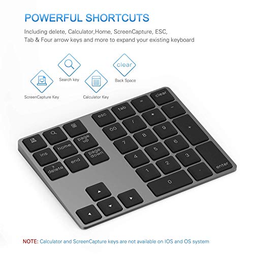 Bluetooth Number Pad, Lekvey Aluminum Rechargeable Wireless Numeric Keypad Slim 34-Keys External Numpad Keyboard Data Entry Compatible for Macbook, MacBook Air/Pro, iMac Windows Laptop Surface Pro etc