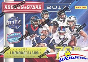 2017 panini rookies & stars nfl football exclusive factory sealed retail box with star search memorabilia card! look for rc & autos of patrick mahomes, deshaun watson, mitch trubisky & more! wowzzer!