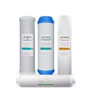 max water replacement filter set for standard 5 stage reverse osmosis water filter system - 10 inch standard size water filters polypropylene sediment, gac , cto carbon