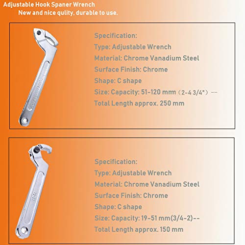 Wadoy Adjustable C Spanner Hook Wrench Chrome Vanadium 3/4-2"(19-51Mm)+2-4 3/4"(51-121Mm) Spanner Set-Used to Tighten Side Slot Nuts on Collars, Lock Nuts and Bearings