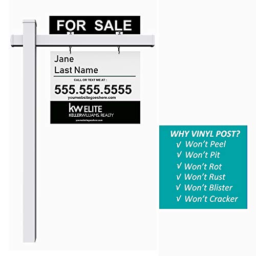 Kdgarden Vinyl PVC Real Estate Sign Post 6ft. Tall (4"x 4"x 72") Realtor Yard Sign Post for Open House and Home for Sale, 36" Arm Holds Up to 24" Sign, White with Flat Cap(No Sign)