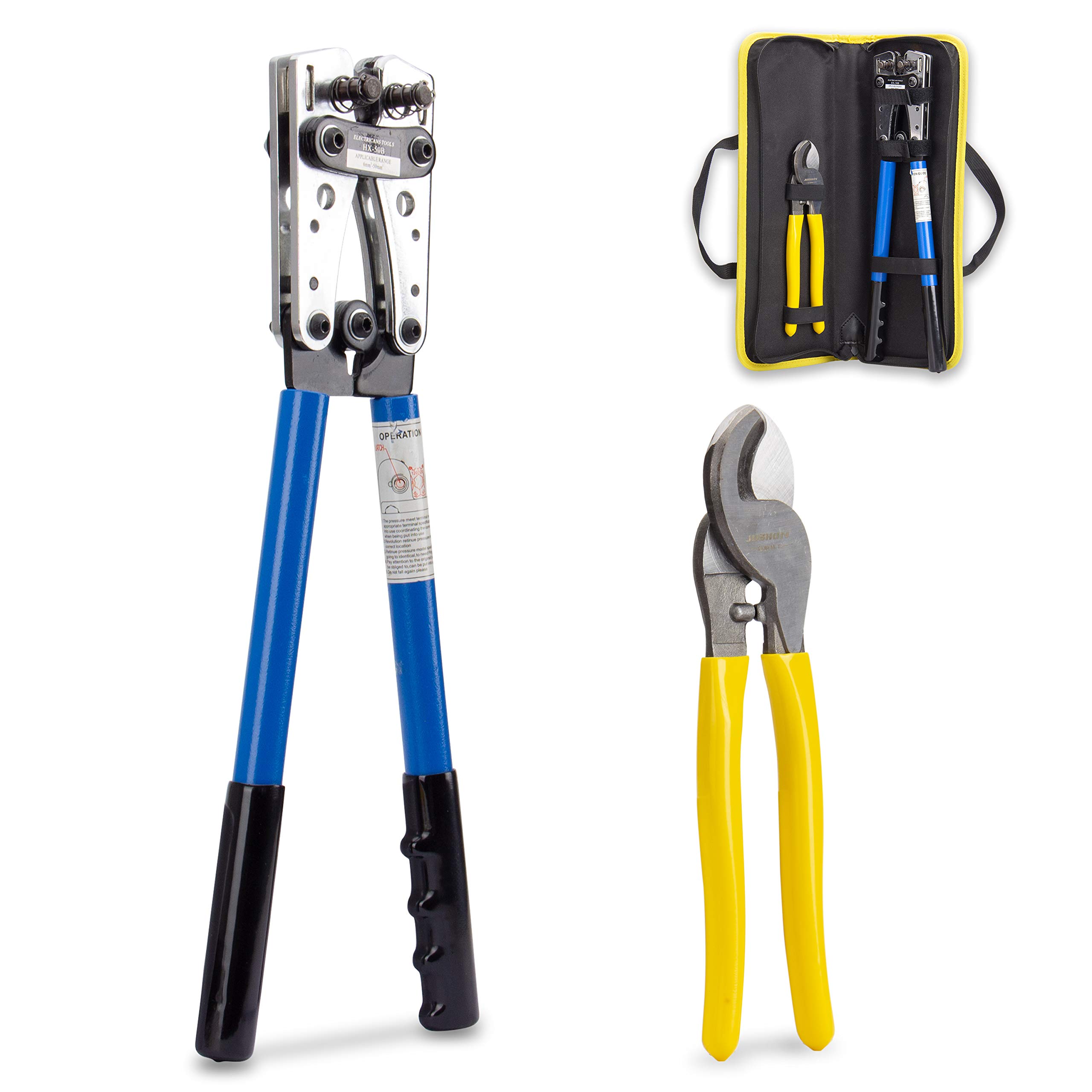 KOTTO Battery Cable Lug Crimper Tool 6-50mm², Wire Crimping Tool, Pliers for Crimping Wire Cable with Cable Cutter for 10,8,6,4,2 and 1/0 AWG Wire Cable Cutting and Crimper with Storage Bag