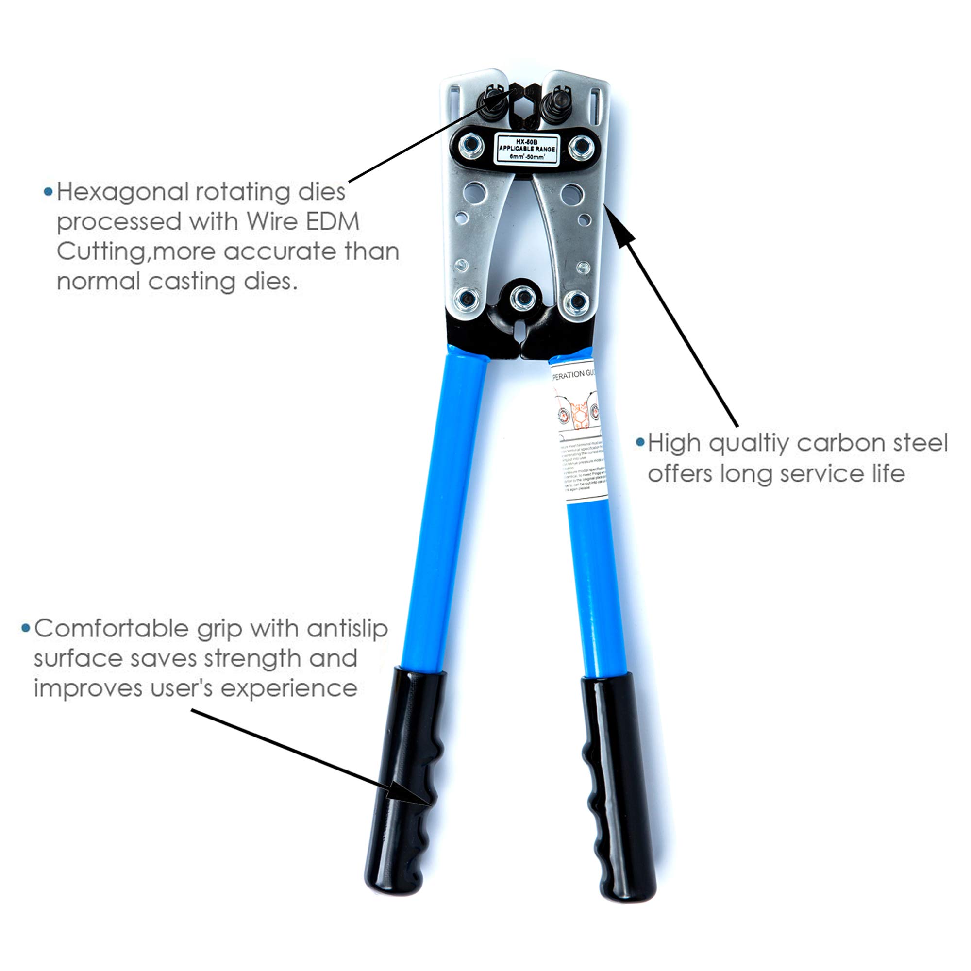 KOTTO Battery Cable Lug Crimper Tool 6-50mm², Wire Crimping Tool, Pliers for Crimping Wire Cable with Cable Cutter for 10,8,6,4,2 and 1/0 AWG Wire Cable Cutting and Crimper with Storage Bag