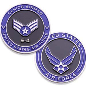 Air Force Senior Airman E4 Challenge Coin! United States Air Force Senior Airman Rank Military Coin. E-4 USAF Challenge Coin! Designed by Military Veterans - Officially Licensed Product!