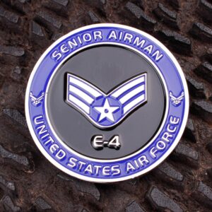 Air Force Senior Airman E4 Challenge Coin! United States Air Force Senior Airman Rank Military Coin. E-4 USAF Challenge Coin! Designed by Military Veterans - Officially Licensed Product!