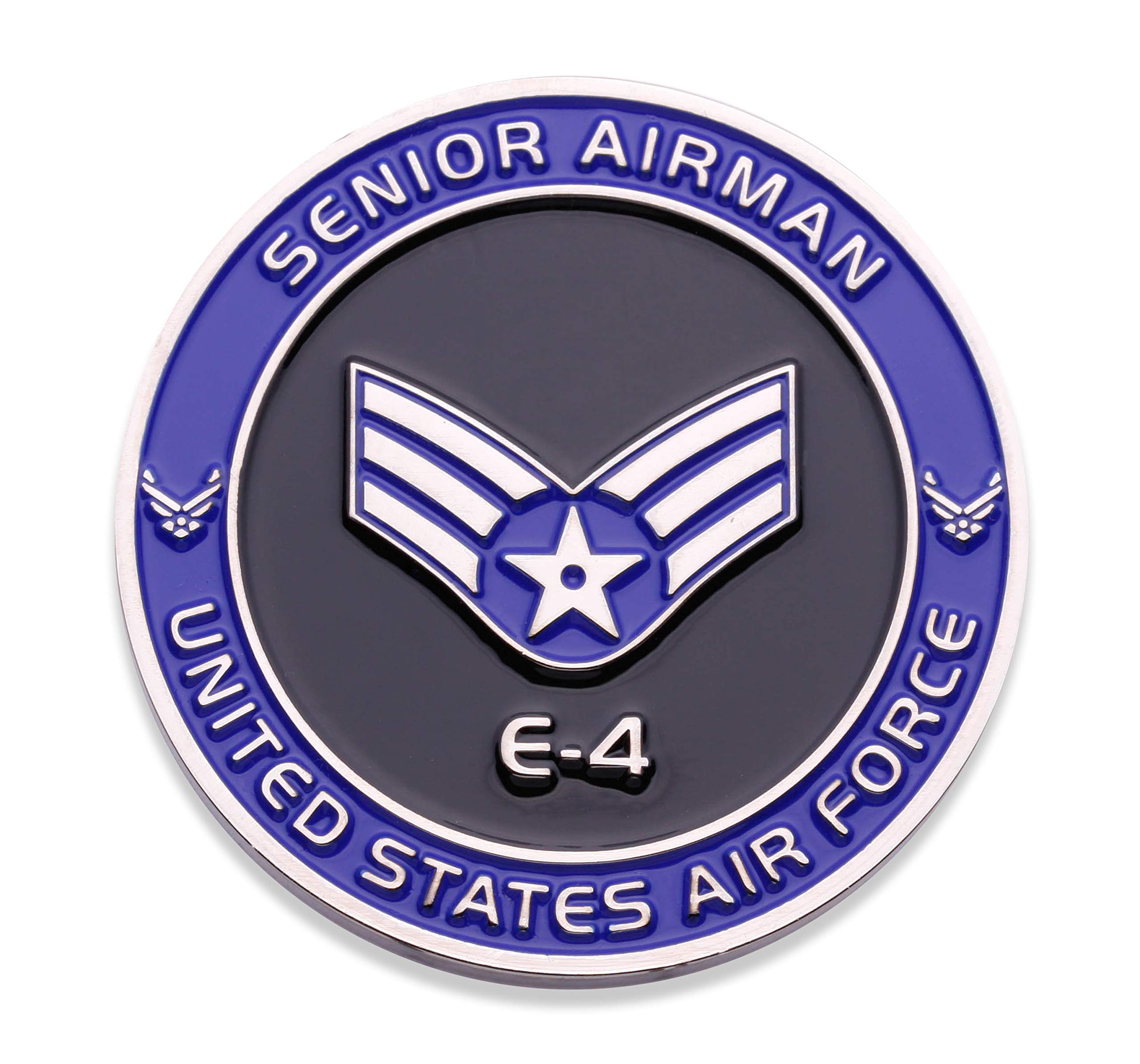 Air Force Senior Airman E4 Challenge Coin! United States Air Force Senior Airman Rank Military Coin. E-4 USAF Challenge Coin! Designed by Military Veterans - Officially Licensed Product!