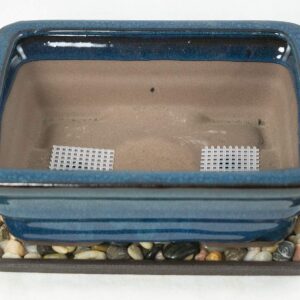 8" Rectangular Dark Blue Bonsai / Succulent Pot + Tray + Rock + Mesh Combo