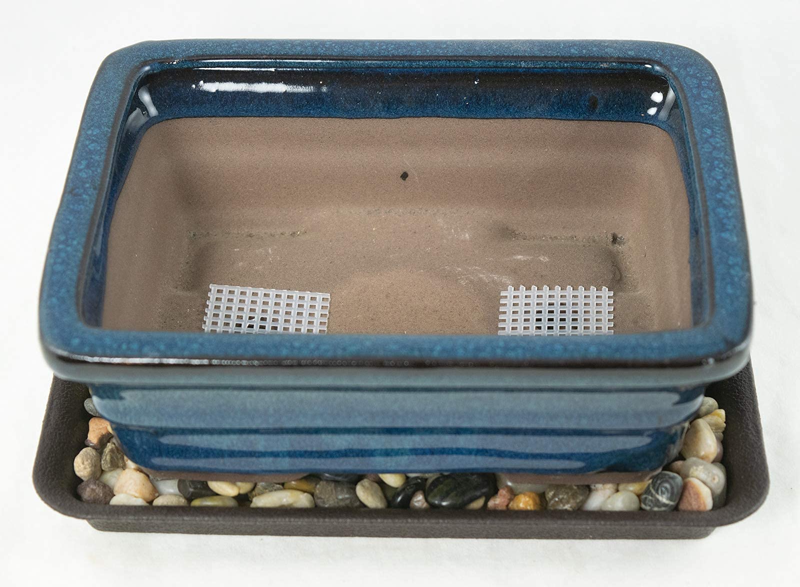 8" Rectangular Dark Blue Bonsai / Succulent Pot + Tray + Rock + Mesh Combo