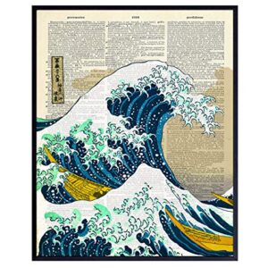 Wave off Kanagawa Japanese Wall Art Print on Dictionary Photo - Ready to Frame (8X10) Vintage Photo - Great Gift for Surfers - Cool Home Decor