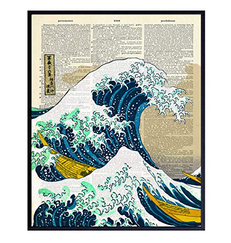 Wave off Kanagawa Japanese Wall Art Print on Dictionary Photo - Ready to Frame (8X10) Vintage Photo - Great Gift for Surfers - Cool Home Decor