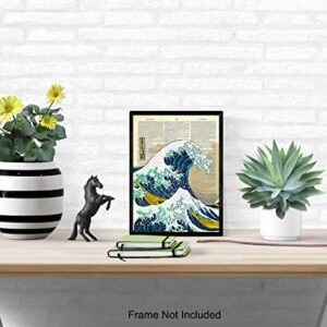 Wave off Kanagawa Japanese Wall Art Print on Dictionary Photo - Ready to Frame (8X10) Vintage Photo - Great Gift for Surfers - Cool Home Decor