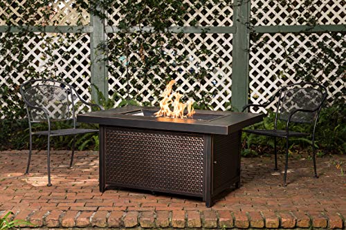 Fire Sense 62750 Weyland Hammered Aluminum Convertible Gas Fire Pit Table 55000 BTU Multifunctional Outdoor Firepit with Fire Bowl Lid, Nylon Cover & Clear Fire Glass Bronze Finish - Rectangular 48"