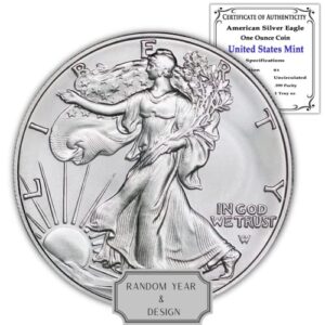 1986 - present (random year) 1 oz american silver eagle coin brilliant uncirculated (type 1 or 2) with certificate of authenticity $1 bu