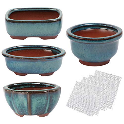 kilofly Happy Bonsai Mini Glazed Pots Value Set of 4, with 4 Soft Mesh Drainage Screens