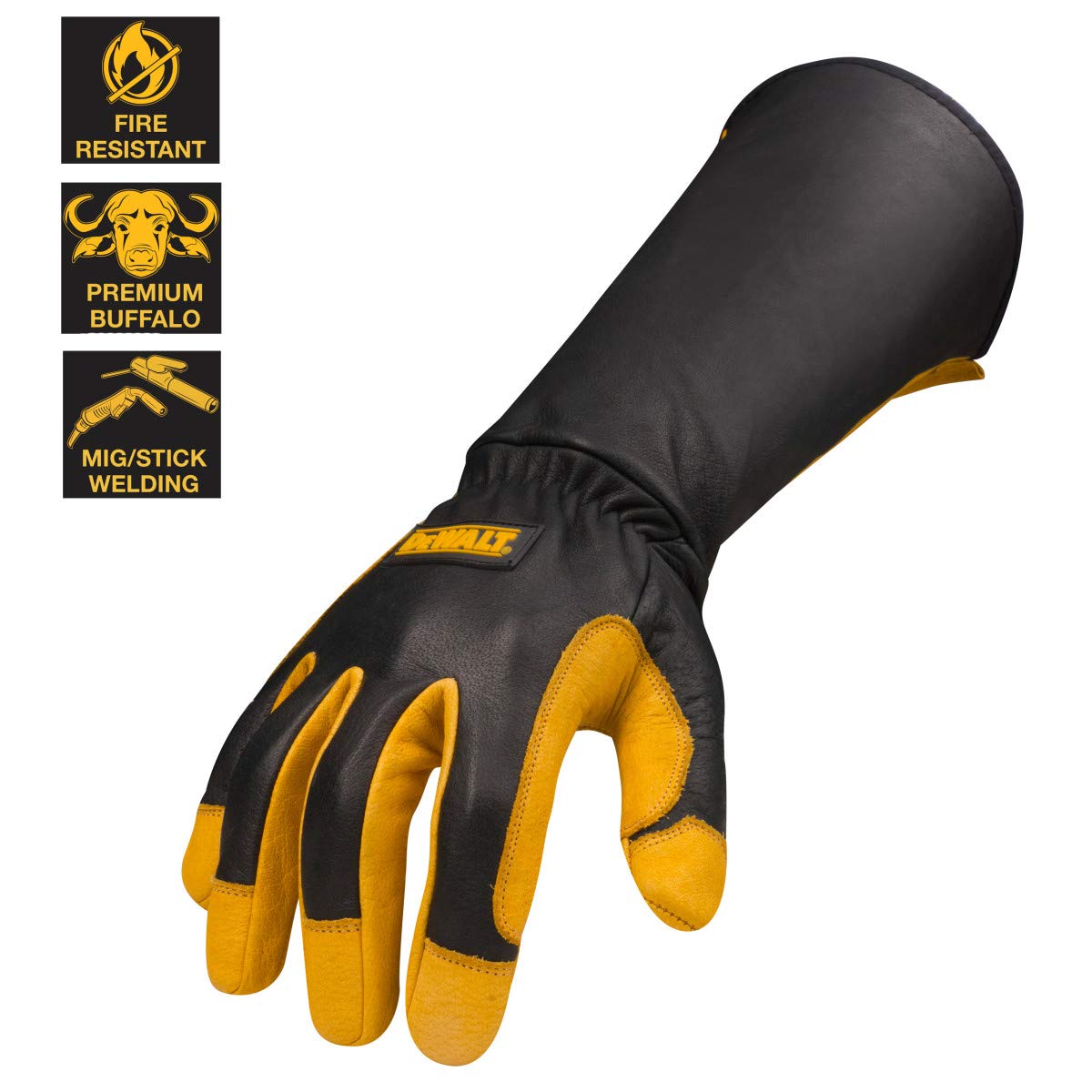 Dewalt Premium Leather Welding Gloves, Fire/Heat Resistant, Gauntlet-Style Cuff, Elastic Wrist, Medium