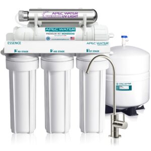 apec water systems essence roes-uv75-ss top tier uv violet sterilizer 75 gpd 6-stage ultra safe reverse osmosis drinking water filter system, stainless steel uv housing