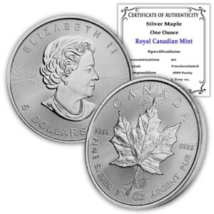 1988 - present (random year) 1 oz canadian silver maple leaf coin brilliant uncirculated with certificate of authenticity $5 bu