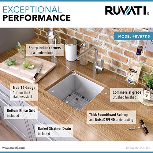 Ruvati 15 x 15 inch Undermount 16 Gauge Zero Raduis Bar Prep Square Kitchen Sink Single Bowl - RVH7115