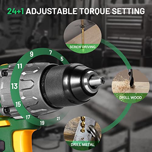 TECCPO Power Drill, Cordless Drill with Battery and Charger(2000mAh), 530 In-lbs, 24+1 Torque Setting, 0-1700RPM Variable Speed, 33pcs Accessories Drill Set, Drill with 1/2" Metal Keyless Chuck