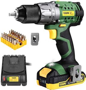 teccpo cordless drill, 20v drill driver 2000mah battery, 530 in-lbs torque, torque setting, fast charger 2.0a, 2-variable speed, 33pcs accessories, 1/2" metal keyless chuck