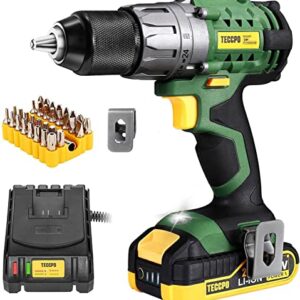 TECCPO Cordless Drill, 20V Drill Driver 2000mAh Battery, 530 In-lbs Torque, Torque Setting, Fast Charger 2.0A, 2-Variable Speed, 33pcs Accessories, 1/2" Metal Keyless Chuck
