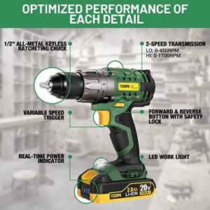 TECCPO Cordless Drill, 20V Drill Driver 2000mAh Battery, 530 In-lbs Torque, Torque Setting, Fast Charger 2.0A, 2-Variable Speed, 33pcs Accessories, 1/2" Metal Keyless Chuck