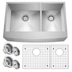 miligoré 33" x 21" x 10" deep double bowl (60/40 split) farmhouse apron zero radius 16-gauge stainless steel kitchen sink - includes drains/grids