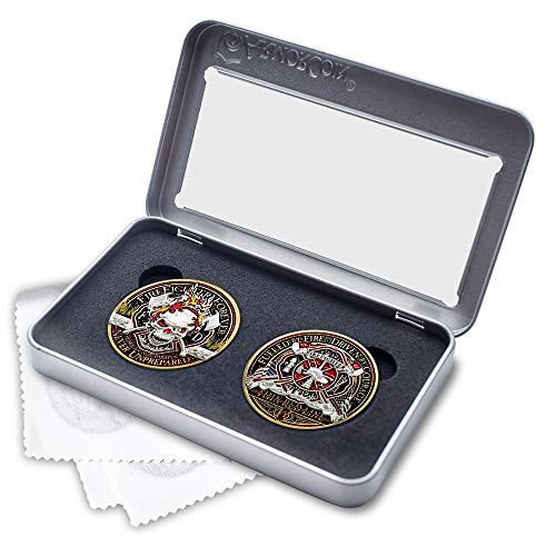 Thin Red Line · Firefighter Forever Challenge Coin with Deluxe Display Tin Box Plus Bonus polishing Cloth - 2 Medallion Set