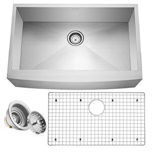 miligoré 33" x 21" x 10" deep single bowl farmhouse apron zero radius 16-gauge stainless steel kitchen sink - includes drain/grid