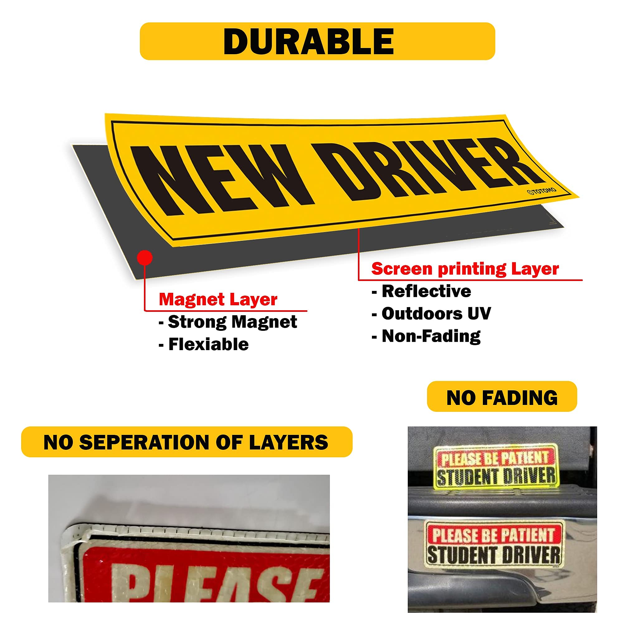 TOTOMO New Driver Magnet for Car Sign – Large 12”x3” Magnetic Reflective Vehicle Safety for Student Rookie Learner Drivers Removable Bumper Sticker Please Be Patient