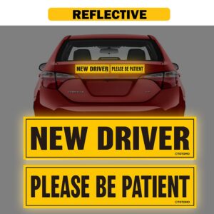 TOTOMO New Driver Magnet for Car Sign – Large 12”x3” Magnetic Reflective Vehicle Safety for Student Rookie Learner Drivers Removable Bumper Sticker Please Be Patient