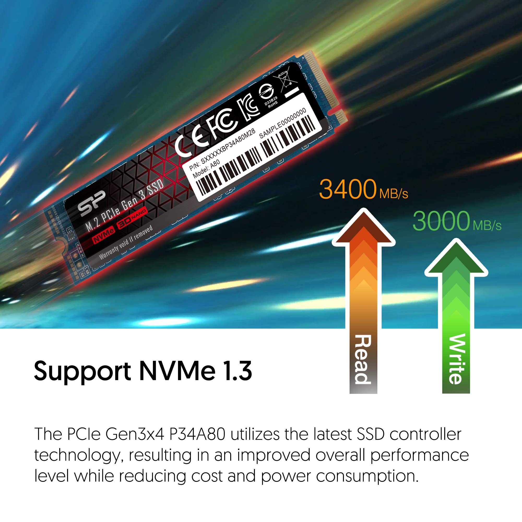 Silicon Power 1TB w/DRAM Cache NVMe M.2 PCIe Gen3x4 2280 R/W up to 3,400/3,000MB/s SSD (SU001TBP34A80M28AB)