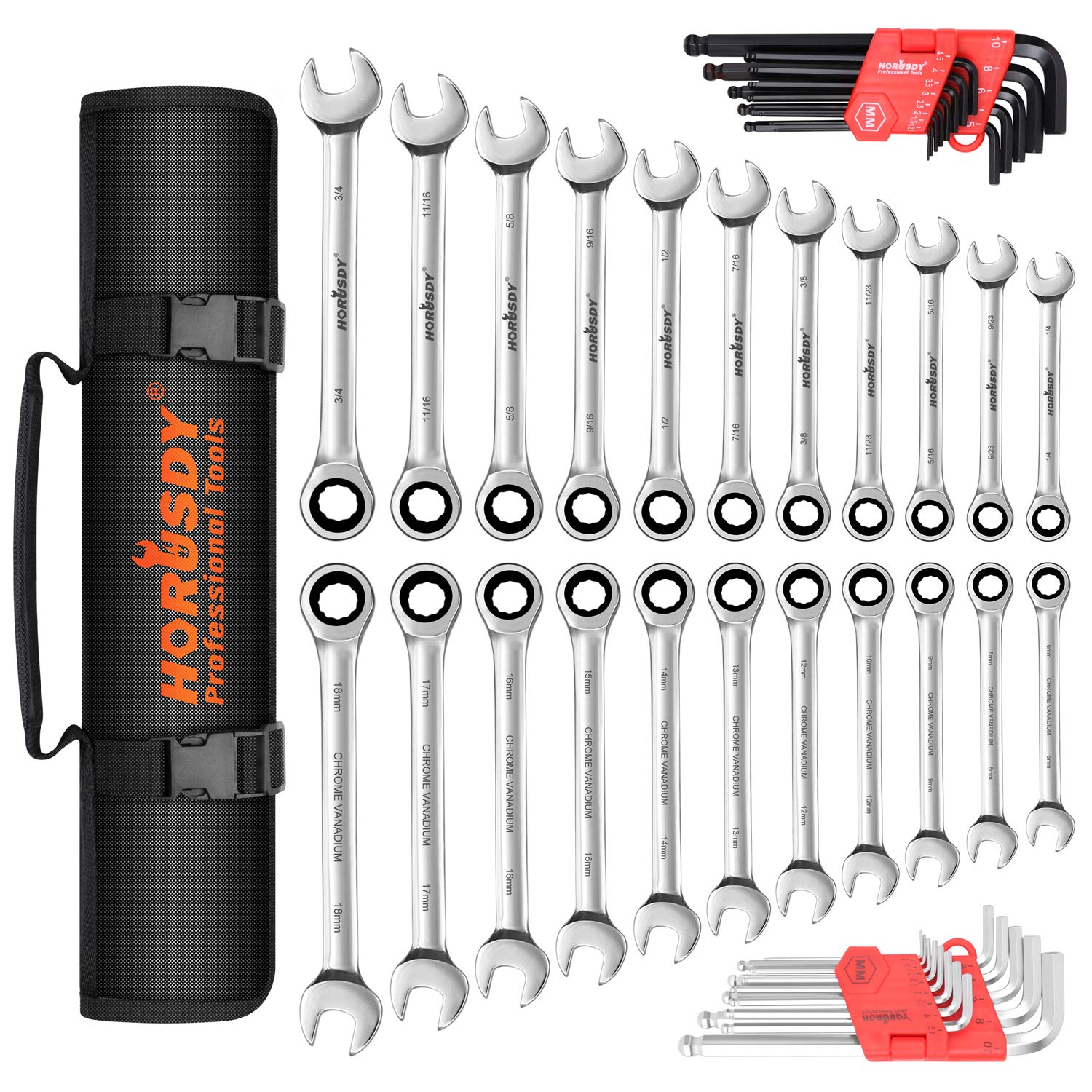 HORUSDY Ratcheting Wrench Set | 48-Piece | Cr-V Steel | 72 Teeth Ratchet Wrench 6-18mm & SAE 1/4-3/4" | with Roll Up Pouch and Allen Wrench