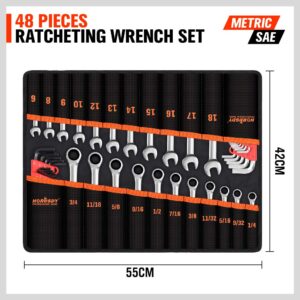 HORUSDY Ratcheting Wrench Set | 48-Piece | Cr-V Steel | 72 Teeth Ratchet Wrench 6-18mm & SAE 1/4-3/4" | with Roll Up Pouch and Allen Wrench