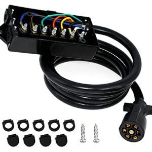 Miady Heavy Duty 7 Way Plug Inline Trailer Cord with 7 Gang Junction Box - 8 Feet, Trailer Plug with Weatherproof Junction Box