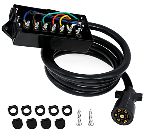 Miady Heavy Duty 7 Way Plug Inline Trailer Cord with 7 Gang Junction Box - 8 Feet, Trailer Plug with Weatherproof Junction Box