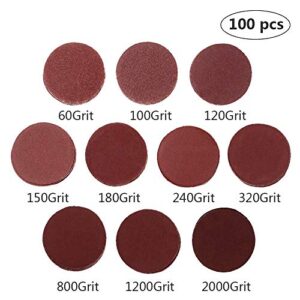 AxPower 100pcs 2 inch Sanding Discs Pad Kit for Drill Grinder Rotary Tools with Backer Plate 1/8" Shank Includes 60-2000 Grit Sandpapers