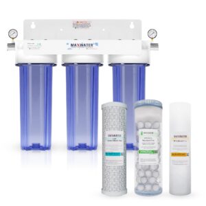 max water 3 stage (good to protect home from scale & corrosion) 10 inch standard water filtration system for whole house - sediment + anti scale + cto post carbon - 3/4" inlet/outlet - model : wh-sc1