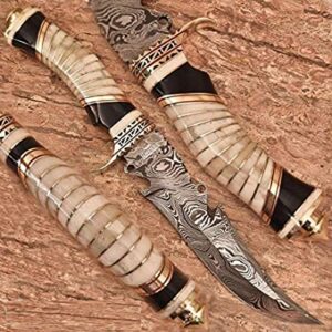 noonknives: hand made damascus steel collectible bowie knife handle camel bone with bull horn (black and white)