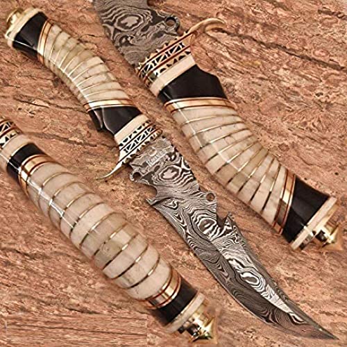 NoonKnives: Hand Made Damascus Steel Collectible Bowie Knife Handle Camel Bone with Bull Horn (Black and White)