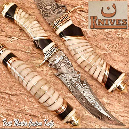 NoonKnives: Hand Made Damascus Steel Collectible Bowie Knife Handle Camel Bone with Bull Horn (Black and White)