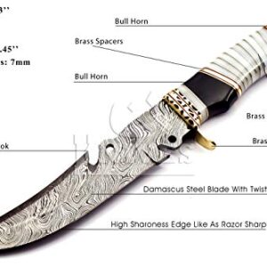 NoonKnives: Hand Made Damascus Steel Collectible Bowie Knife Handle Camel Bone with Bull Horn (Black and White)