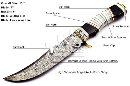 NoonKnives: Hand Made Damascus Steel Collectible Bowie Knife Handle Camel Bone with Bull Horn (Black and White)