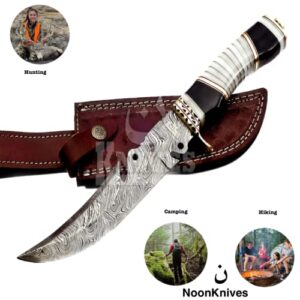 NoonKnives: Hand Made Damascus Steel Collectible Bowie Knife Handle Camel Bone with Bull Horn (Black and White)