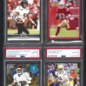 PSA 10 PATRICK "PAT" MAHOMES BROCK PURDY JALEN HURTS & JOE BURROW LEAF 4 CARD ROOKIE LOT GRADED PSA GEM MINT 10 SUPERSTAR QUARTERBACKS