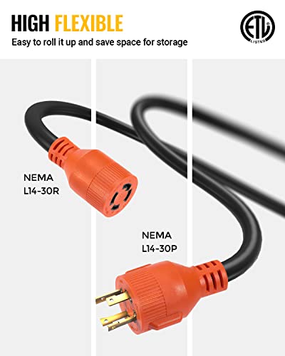 BougeRV 30 Amp 20 Ft Generator Power Cord 10 Gauge for Manual Transfer Switch Nema L14-30 Heavy Duty Electric Extension Wire 4 Prong 10 Gauge SJTW Cable 125/250V 7500 Watts