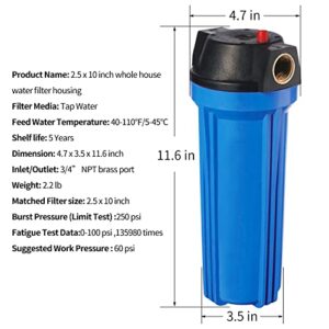 Geekpure 10-Inch Whole House Slim Water Filter Housing for 2.5" x 10" Filter - 3/4"NPT Brass Port - with Air Relief Valve-Blue